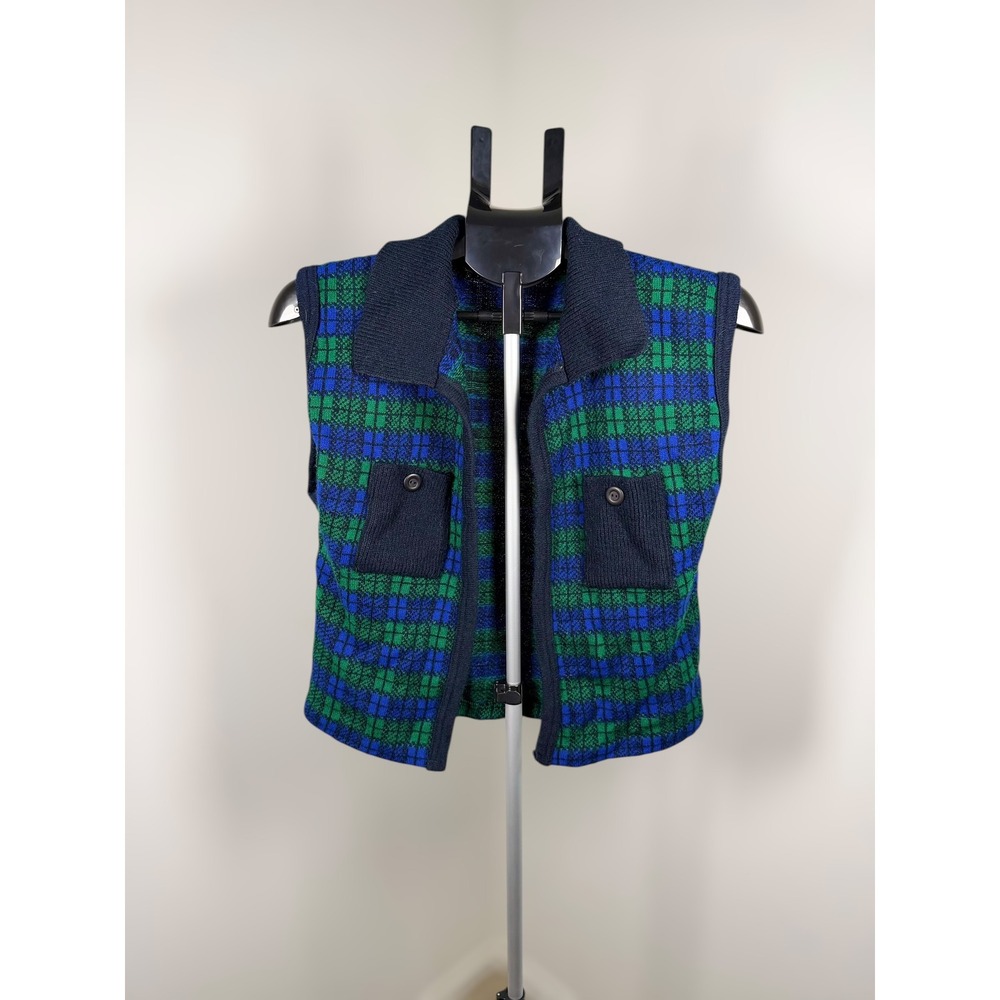 Bedford Fair Vintage Plaid Knit Sweater Vest Green Blue‎ Medium Made in USA